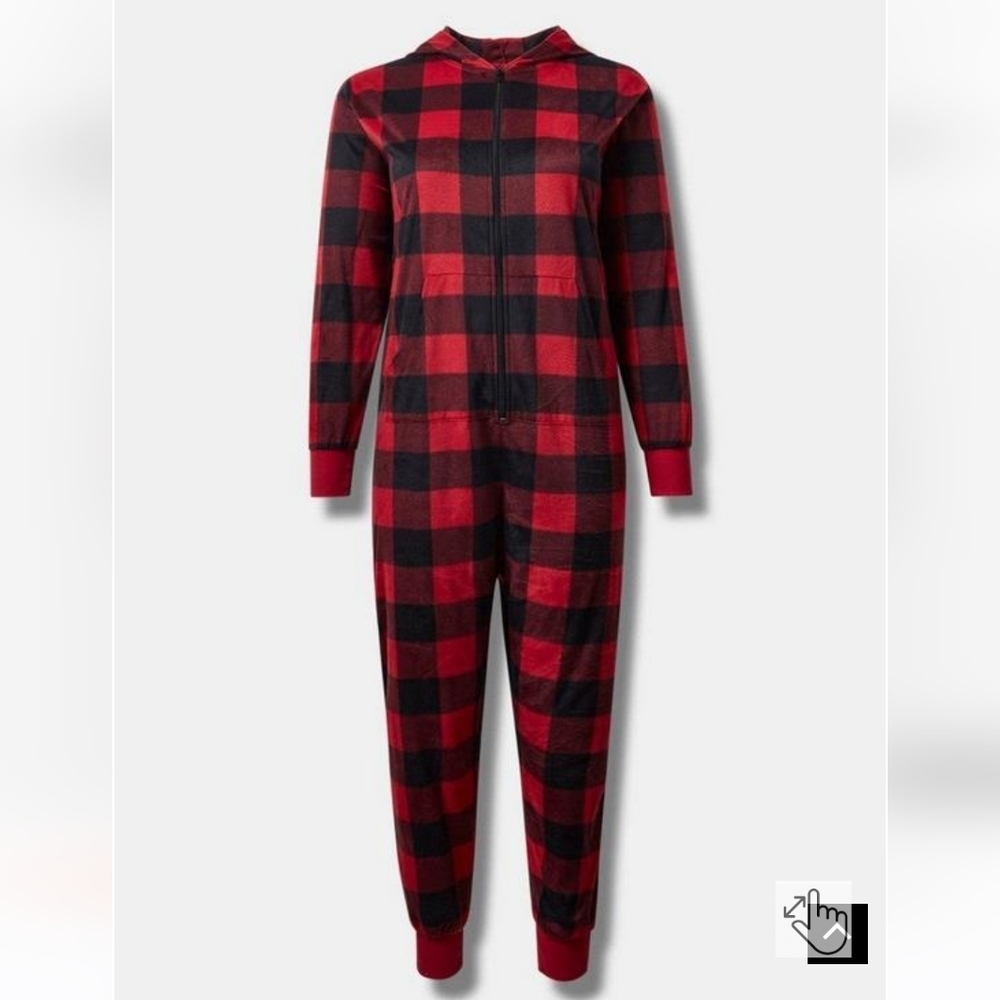 🆕️ 1X / 2X BUFFALO PLAID FLEECE HOODED BACK FLAP LOUNGING ONESIE - Picture 4 of 7
